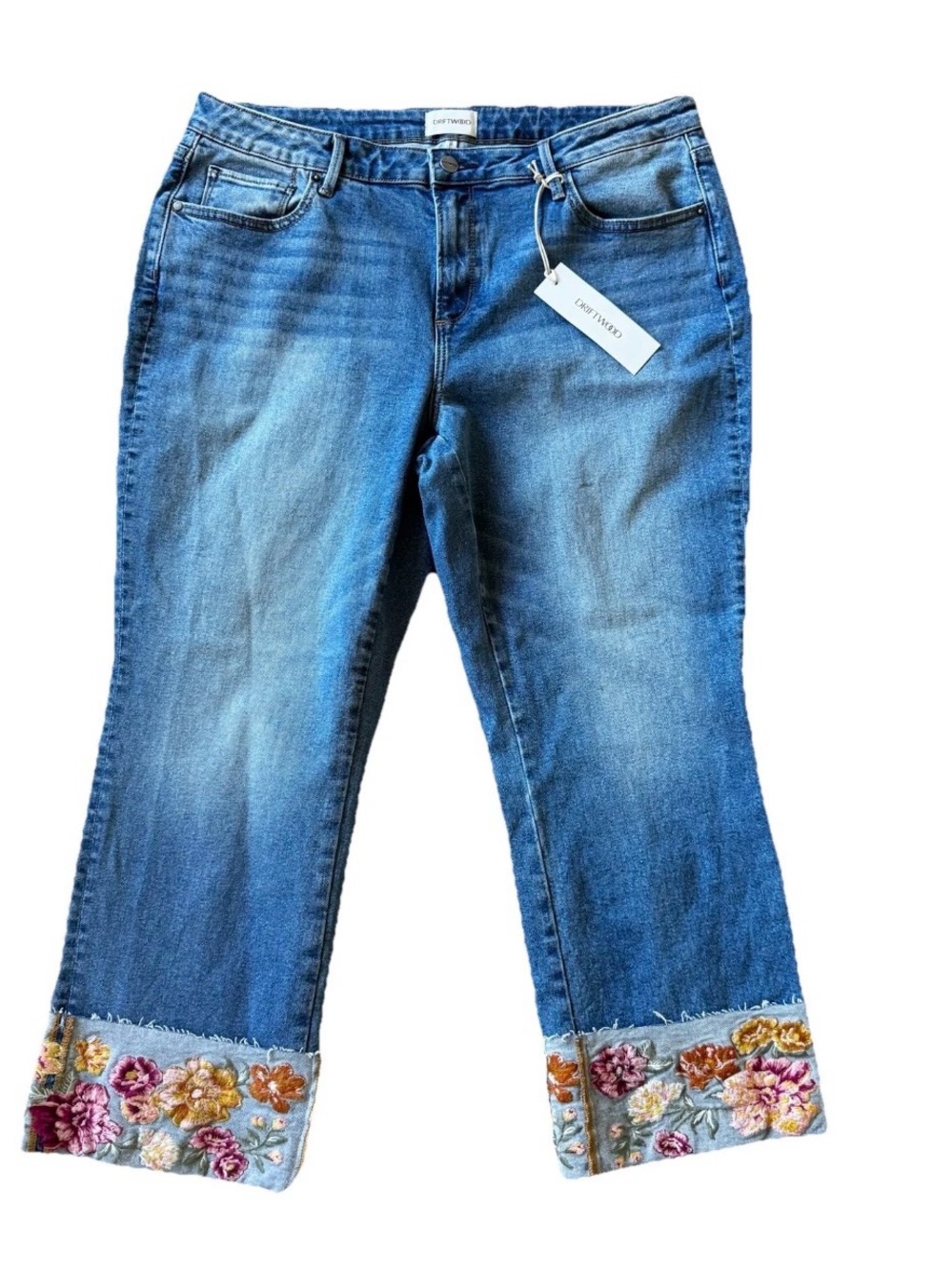DRIFTWOOD Blue Straight Leg Jeans with Floral Embroidered Cuffs - Picture 2 of 7